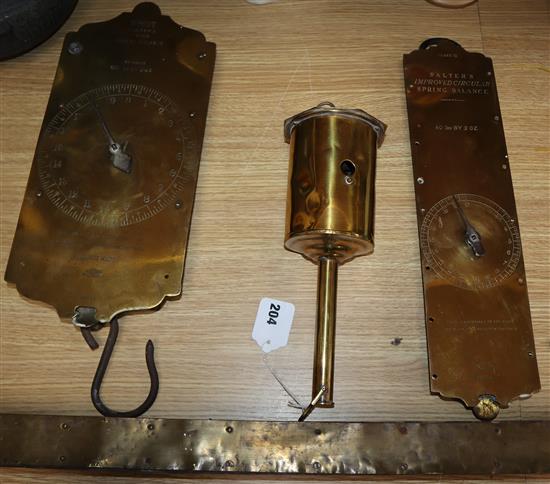 Two brass Salters Spring Balances and a brass bottle jack